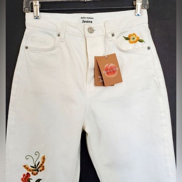 Reformation Jeans Cynthia High Rise Straight Leg Embroidered White 23 NEW $198 - Picture 4 of 12